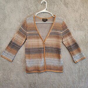 Pendleton Cardigan Linen Cotton Button Up Western Aztec 3/4 sleeve Sz S tan blue